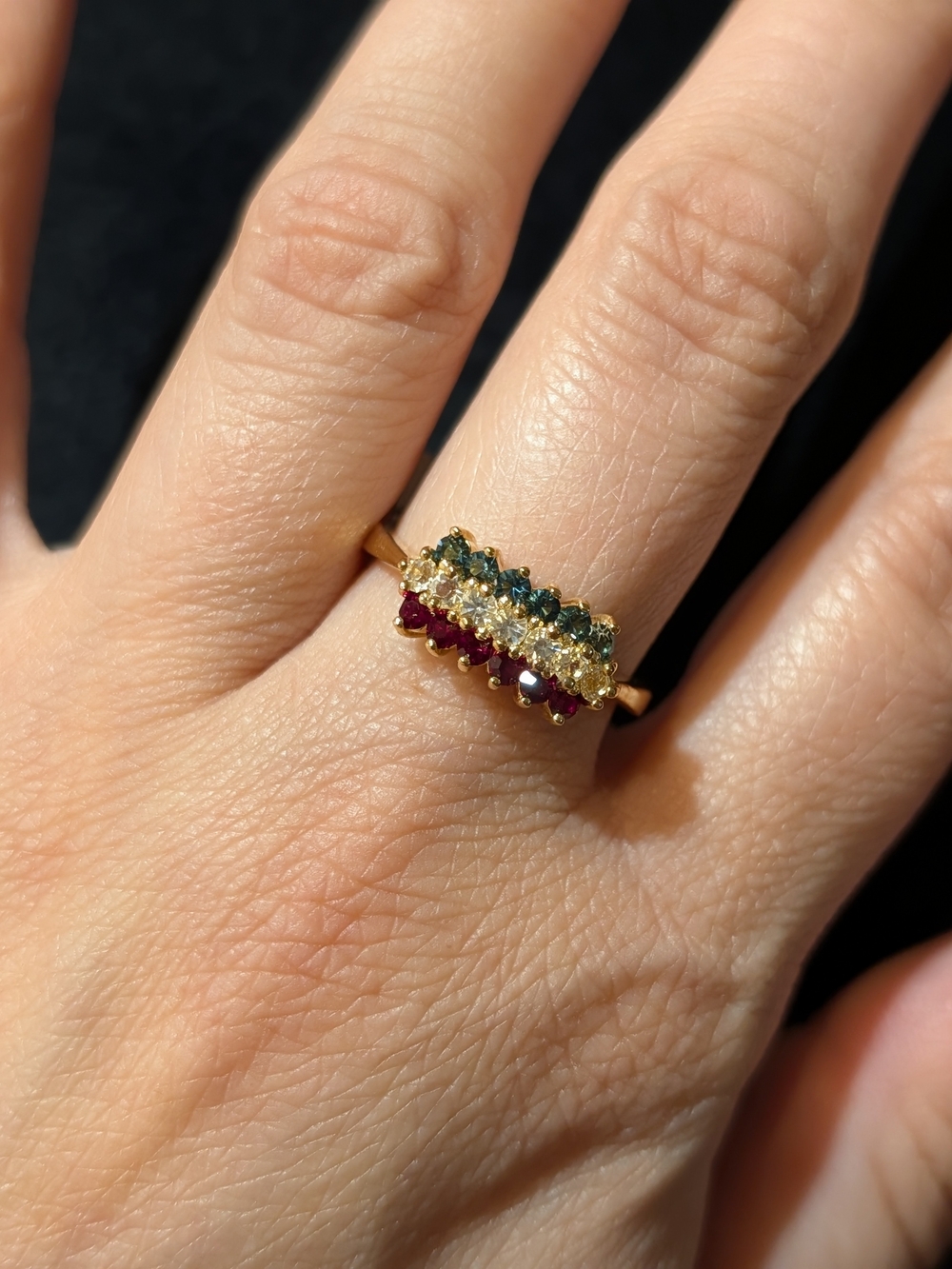 Gold Tone Multi-Stone Row Ring with Green, Clear & Red Stones
